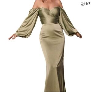 Elegant One-Shoulder Long Sleeve Dress in Light Green
